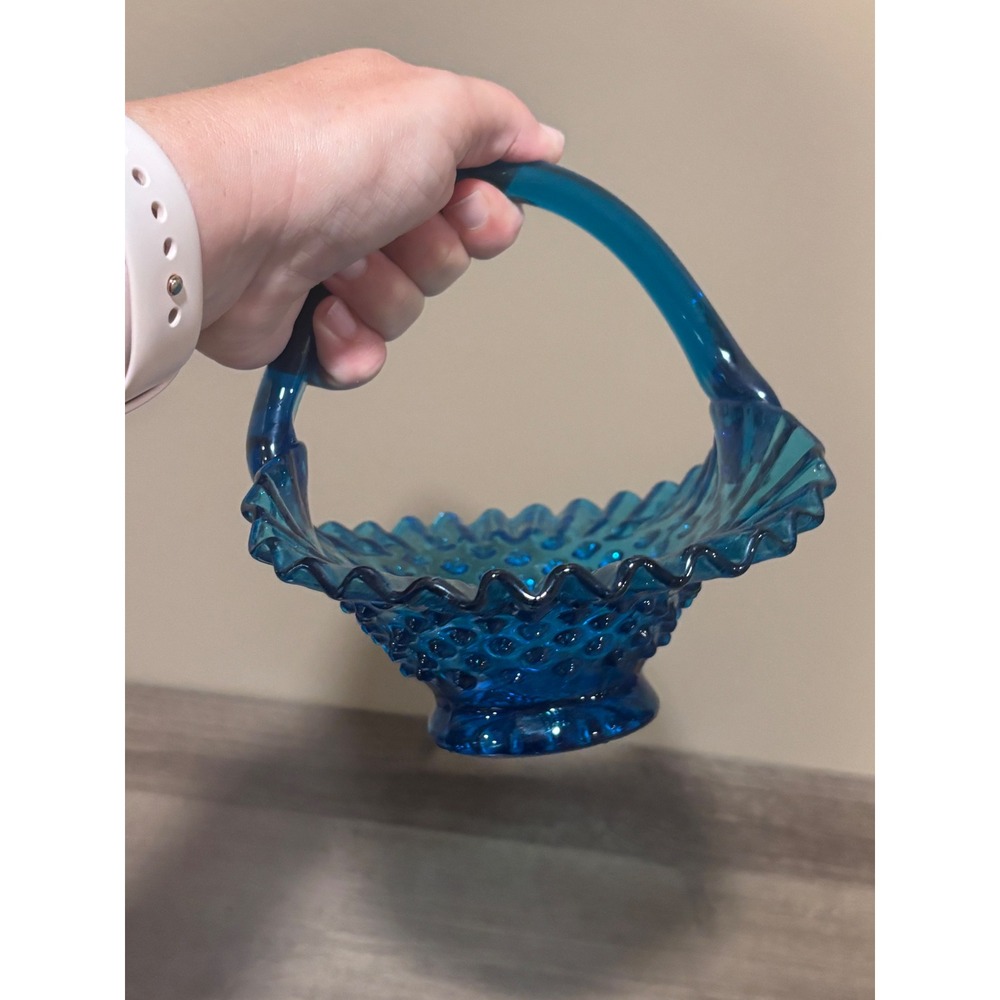 Vintage Fenton Hobnail Blue Glass Basket Ruffled Edge Crimped Candy Dish 7 inch - Picture 5 of 9